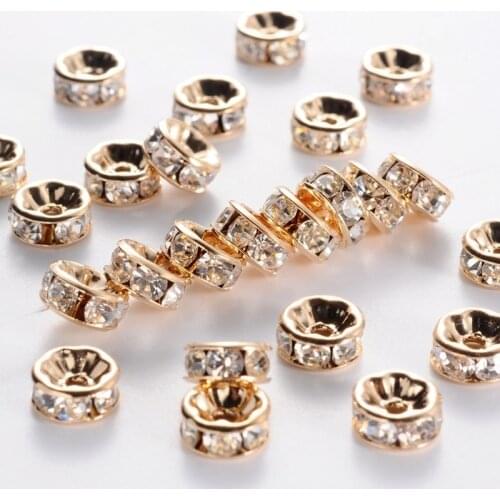 Brass Rhinestone Spacer Beads, Grade AAA, Straight Flange, Nickel Free, Rondelle, Crystal,about 8mm, 3.8mm thick, hole:1.5mm