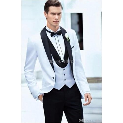 2017-Custom Made One Button Groom Tuxedos White Best man Shawl Black Collar Groomsman Men Wedding Suits (Jacket+Pant+Vest+Tie)