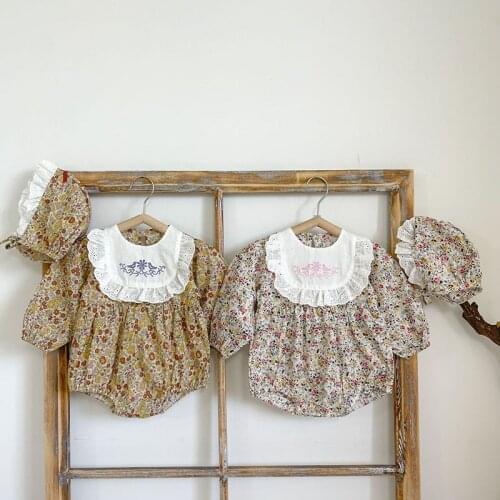 Toddler Baby Girl Flower Printing Cotton Long Sleeve Romper+Hat Spring Autumn Baby Girls Clothes Infant Baby Girls Jumpsuit