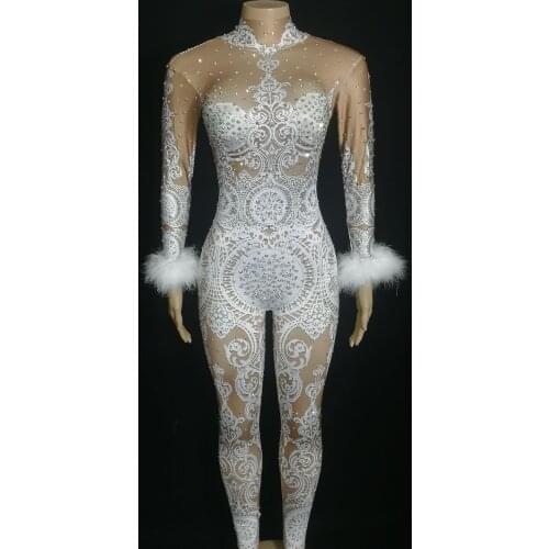 Printing Design Skinny Jumpsuit Vintage Style White Feather Sleeve Tights Birthday Prom Evening Party Show For Singer Stage Wear