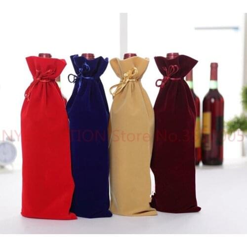Flannel Wine bottle packing Bags 15x35cm velvet carrier gold thread Drawstring Bags Holder Gift Pouches Party Present 200PCS