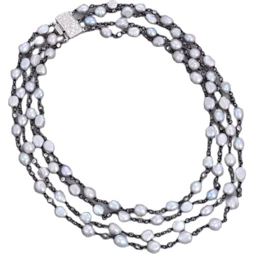 GG Jewelry 18" 4 Strands Freshwater Gray Baroque Pearl Clear Cz Chain Necklace