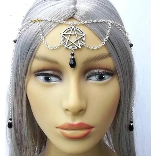 Gothic Pentagram Witch Hair Band for Women Hair Accessories Ornaments Pagan Witchcraft Black Crystal Head Chain Jewelry VGH028