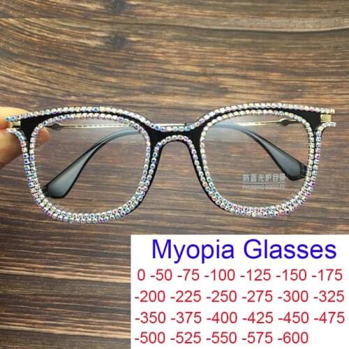 Finished Myopia Glasses Lady Office Trends Computer Blue Blocker Glasses Womens Square Spectacle Frame Bling Rhinestone Eyewear
