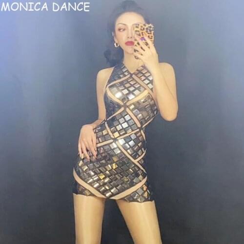 Nightclub Sexy Stage Silver Sequins Transparent Black Short Dress Bar Prom Women Dancer Outfit Birthday Celebrate Mirror Dress