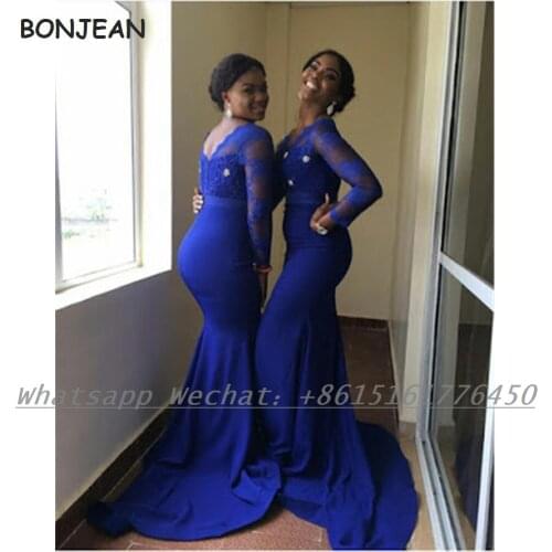 Royal Blue Bridesmaid Dresses Long Sleeves 2021 Mermaid Elastic Satin African Bridesmaid Dress Plus Size for Women Wedding