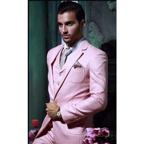 Handsome One Button Pink Groom Tuxedos Notch Lapel suits Man Groomsman Men Fashion Wedding Suit ( jacket+Pants+vest+)