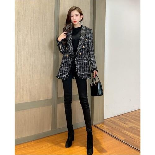 Small Fragrance Jacket Autumn And Winter New Products Korean Office Lady Tassel Patchwork Black Plaid Tweed Fashion Coats Women