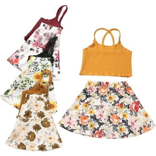 Girl’s Summer Two Piece Set Fashion Solid Color Cropped Camisole and Flower A-line Short Skirt 18M-6T