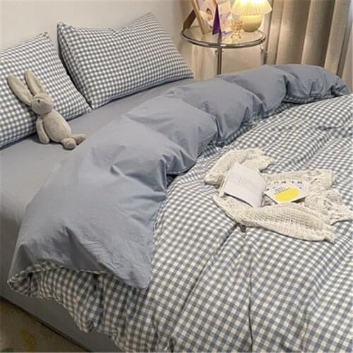 Summer blue small grid INS style Soft and comfortable cotton quilt cover 200x230 100% cotton fabric single double quilt cover
