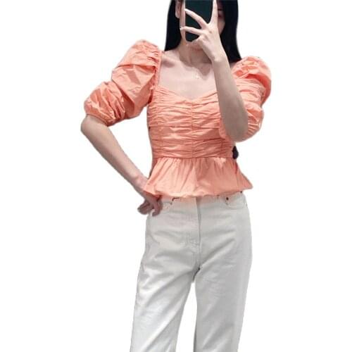 2021 summer womens new solid color versatile stacking square neck bubble three-quarter sleeves slim stretch waist short shirt
