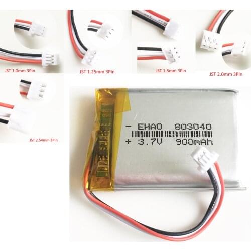 3.7V 900mAh Lithium Polymer LiPo Rechargeable Battery JST 1.0/1.25/1.5/ 2.0/2.5 3pin connector For PAD camera GPS laptop 803040