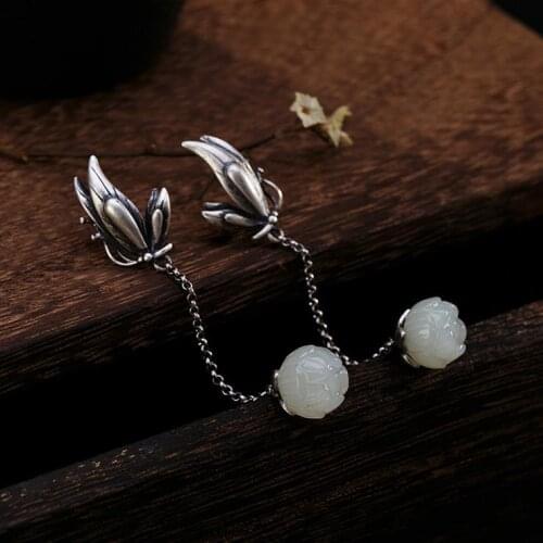 Natural Hetian White Jade Lotus Tassel Bud Earrings Chinese Style Retro Elegant Light Luxury Charm Women Brand Silver Jewelry