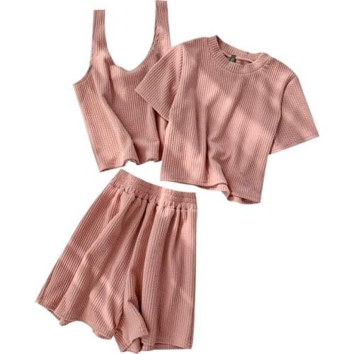 NC96Z 3 Piece Sets New 2021 Summer Tank Crop Tops + O Neck Short Sleeve T Shirts+Elastic Waist Wide Leg Shorts Summer Suits