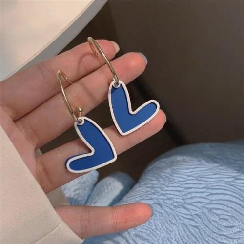 Origin Summer Korean Fashion Love Heart Contrast Color Dangle Earring for Women Girls Delicate Blue White Metal Earring Jewelry