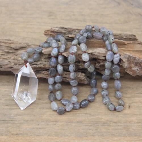Handmade Knot Necklace Natural Labradorite Nugget Chip Beads Crystal Quartz Double Point Pendants Mala Yoga Jewelry,QC0129