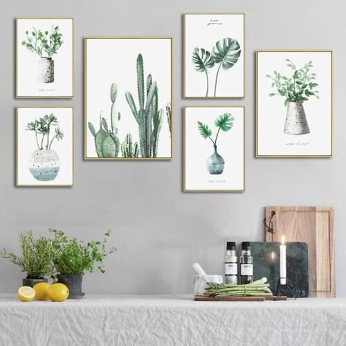 Watercolor Plant Leaves Poster Nordic Green Cactus Tropical Plants Canvas Painting Wall Art Decorative Picture for Living Room