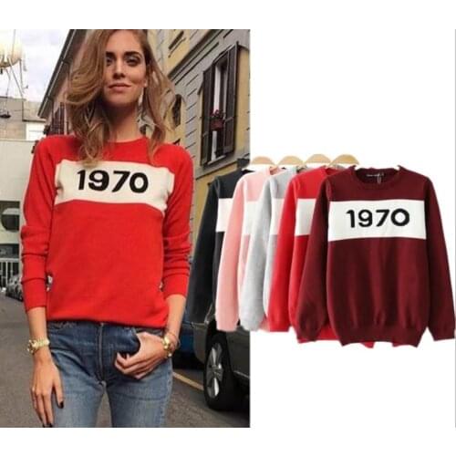 Street snap fashion knitwear fall new 1970 digital print ladies color contrast sweater