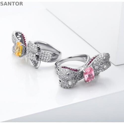 Luxury Zircon Multi Color Bow Big Ring Ice Out Gold Plated Ring Pink Yellow Color Womens Jewelry