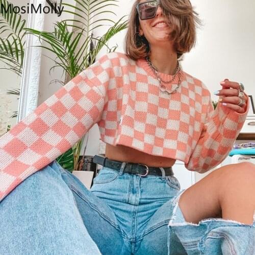 MosiMolly Pink Plaid Sweater O neck Knit Sweater Jumper Pretty Style Cropped Sweater Pullover 2021 Winter