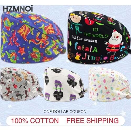 Pattern Printing Matte Female Hat Beauty Salon Work Scrub Cap Laboratory Cap Adjustable Pet Shop Cap Sanitary Service Worker Cap