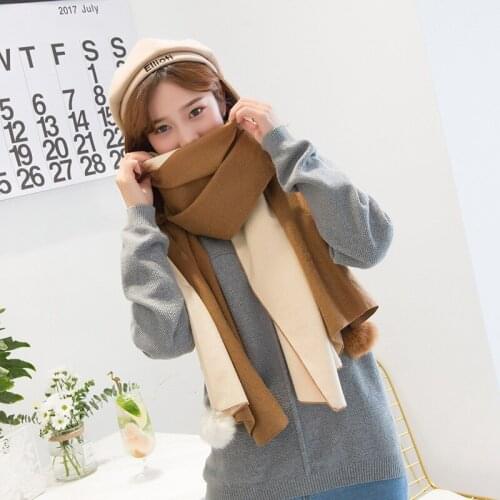 Thick Cashmere Warm Scarf Womens Autumn and Winter Color Matching Lace Korean Long Rabbit Hair Ball with Double Sided Shawl