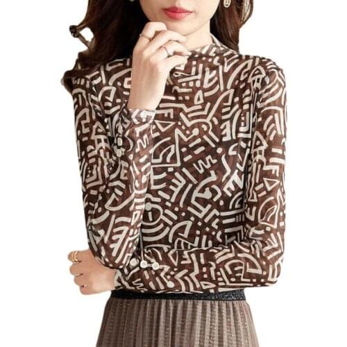 Thin T-shirt 2021 autumn new style stand-up collar geometric printing thin knit bottoming shirt women long-sleeved slim top