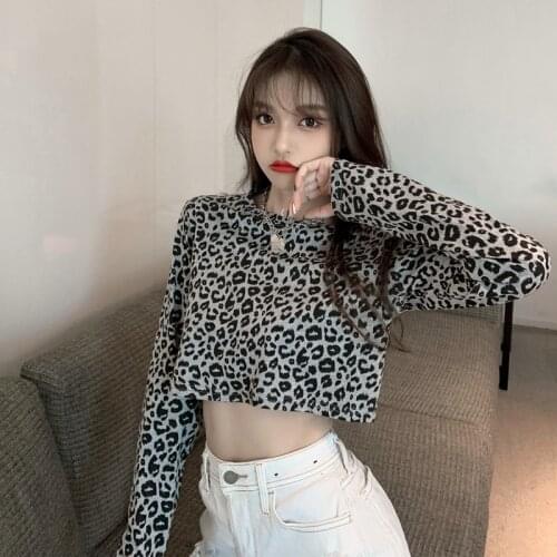2021 Women Leopard T-Shirt Loose Short Belly Button Slimming Top Female High Street Korean All-match Long Sleeve T-Shirt