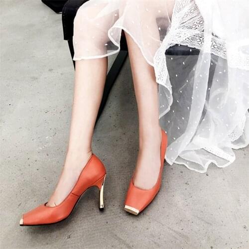 2021 New Women Shoes Basic Style Fashion High Heels Metal Square Toe Office & Career Shallow Footwear Women Pumps