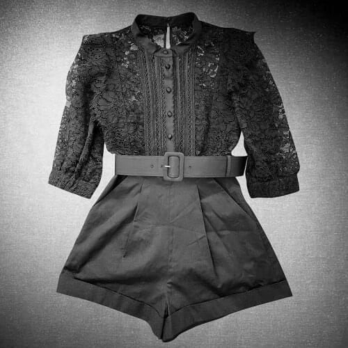 2021 Spring Summer New Arrive Women Lace Jumpsuit Three Quarter Sleeve Black Color Lady Rompers Playsuits With Belt