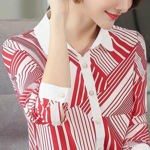 Women Spring Summer Style Blouses Shirts Lady Casual Turn-down Collar red Striped Printed Long Sleeve Blusas Tops ZZ0428