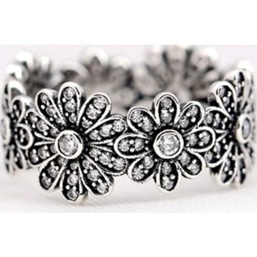 100% 925 Sterling Silver Europ Floral Ring With Clear Crysta Flowers Finger Rings For Women Fine Jewelry Free Shipping
