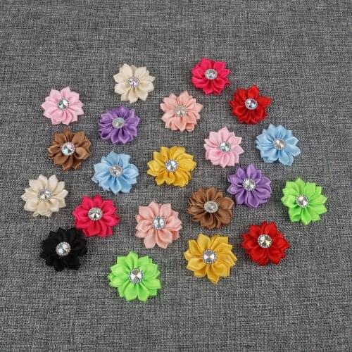 4cm High Quality Small Fabric Satin Flowers with Rhinestone Appliques Flower Sewing Accessories For Girls/Crafts/Clothes/Wedding