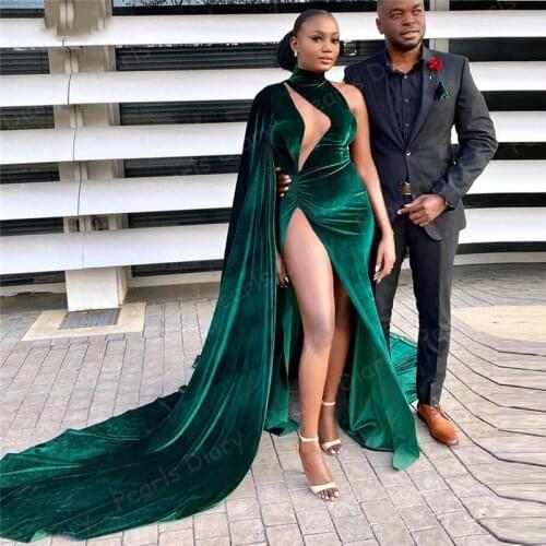 Arabic Aso Ebi 2021 Green Mermaid Evening Dresses High Split Prom Dresses Velvet Formal Party Second Reception Gowns Dubai Aibye