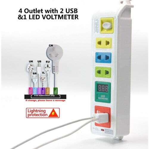 AU EU UK US 3 Outlet & 2 USB Charging Port and LED VOLTMETER with Lightning protection system