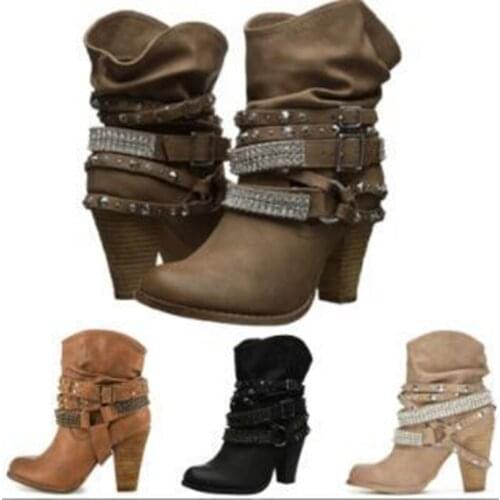 Army Leather Mid-calf Western Boots Women Shoes Woman Vintage Casual Buckle Studded Cowboy Winter Boots For Girls Botas Mujer