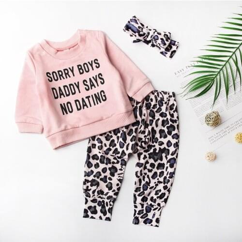 0-4Yrs Children Girls Clothes Outfits Kids Letters T-Shirts Tops Leopard Pants Headband 3Pcs Summer Clothing Set