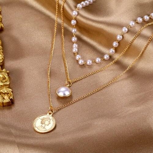 FNIO Bohemian Necklaces For Women Multilayer Fashion Pearl Pendants Necklace Portrait Chokers 2021 Trendy New Jewelry Gift