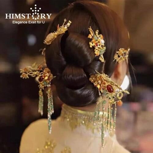 HIMSTORY Retro Chinese Bridal Headdress Dress Accessories Pin Suit Ancient Costume Golden Headband Wedding Hanfu Hair Jewelries