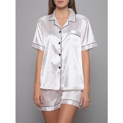 EV&RE 2 Pieces Set Satin Womens Sleepwear Short Sleeve Tops with Shorts Womens Pajamas Comfortable Ladies Home Suits Female