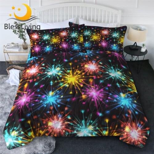 BlessLiving Fireworks Summer Quilt Girls Air-conditioning Duvet Neon Colorful Bed Cover Tiwn Queen Festive Home Textile 3pcs