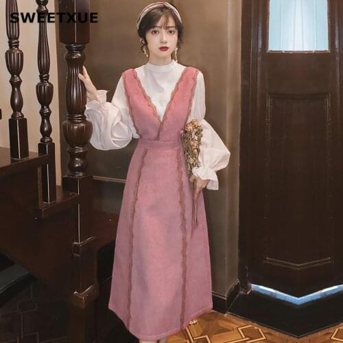 SWEETXUE Small Fragrance Style Temperament Two-Piece Set White Shirt And Woolen Strap Dress Elegant Suit Womens Clothing