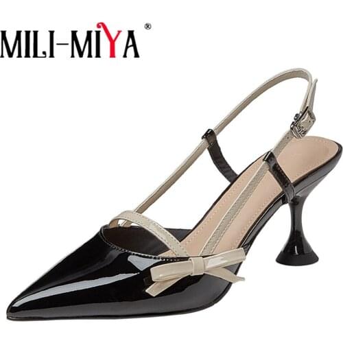 MILI-MIYA New Arrival Sling Back Women Patent Leather Pumps Sexy Pointed Toe Buckle Strap Mixed Color Dress Party Summer Shoes