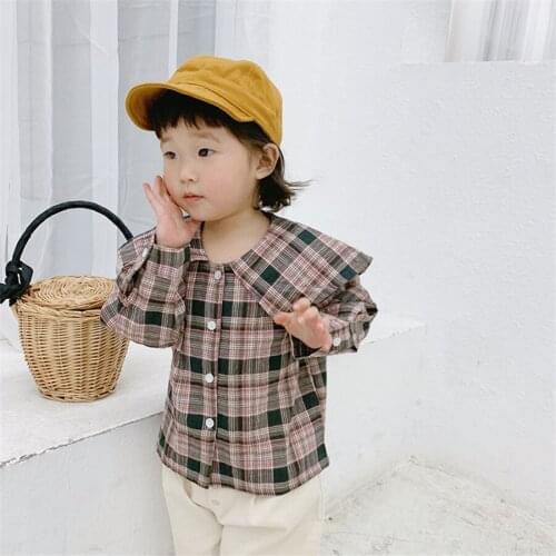 2 3 4 5 6 7 8 Years Fashion Kids Girl Big Collar Blouse Korean Baby Long Sleeve Plaid Shirts for Girls Child Cotton Tops Clothes