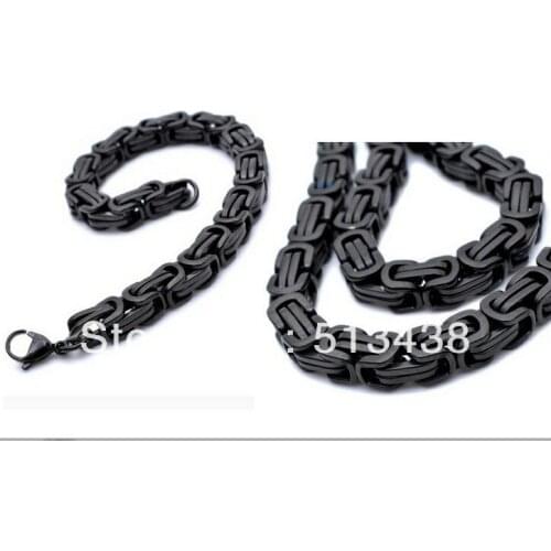 8.5mm fashion mens jewelry set Stainless Steel byzantine chain link necklace & bracelet black