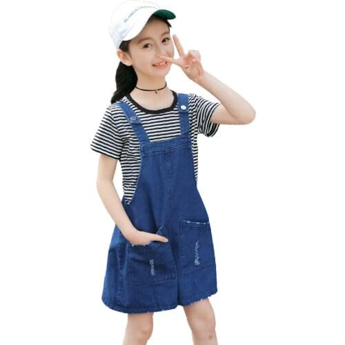 Teen Girls Clothing Striped Tshirt + Denim Jumpsuit Girl Clothes Casual Style Costumes For Girls Summer Girl Clothes