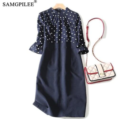 Autumn Clothes For Women Dresses 2020 Office Lady A-line Dress Women Autumn Dot Three Quarter Sleeve Appliques Dresses For Women
