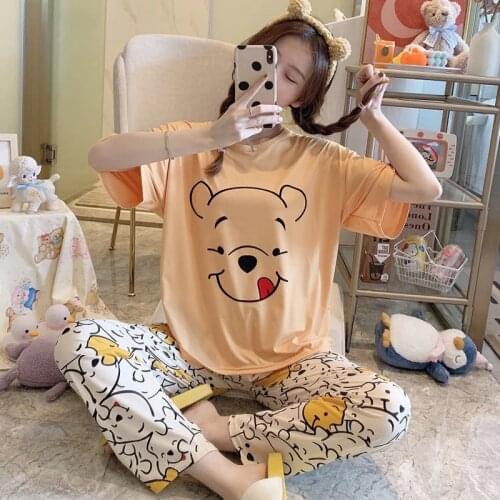 Disney Cartoon Short Sleeve Plaid Reservoir Loose Casual Ladies Pajamas Set Cartoon Short Sleeve Home Wear Pajamas Milk Silk Set