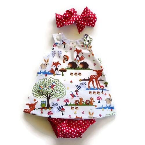 Infant Kids Toddler Baby Girl animal sleeveless o-neck Dresses+polka dot red Bottoms brief +Headband Outfit Clothes Set