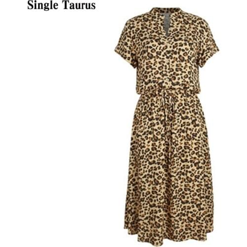 Women Summer Dress Leopard Print Streetwear V Neck Sexy Short Sleeve Maxi Dress for Woman Bohemia Beach Vestidos Verano 2020